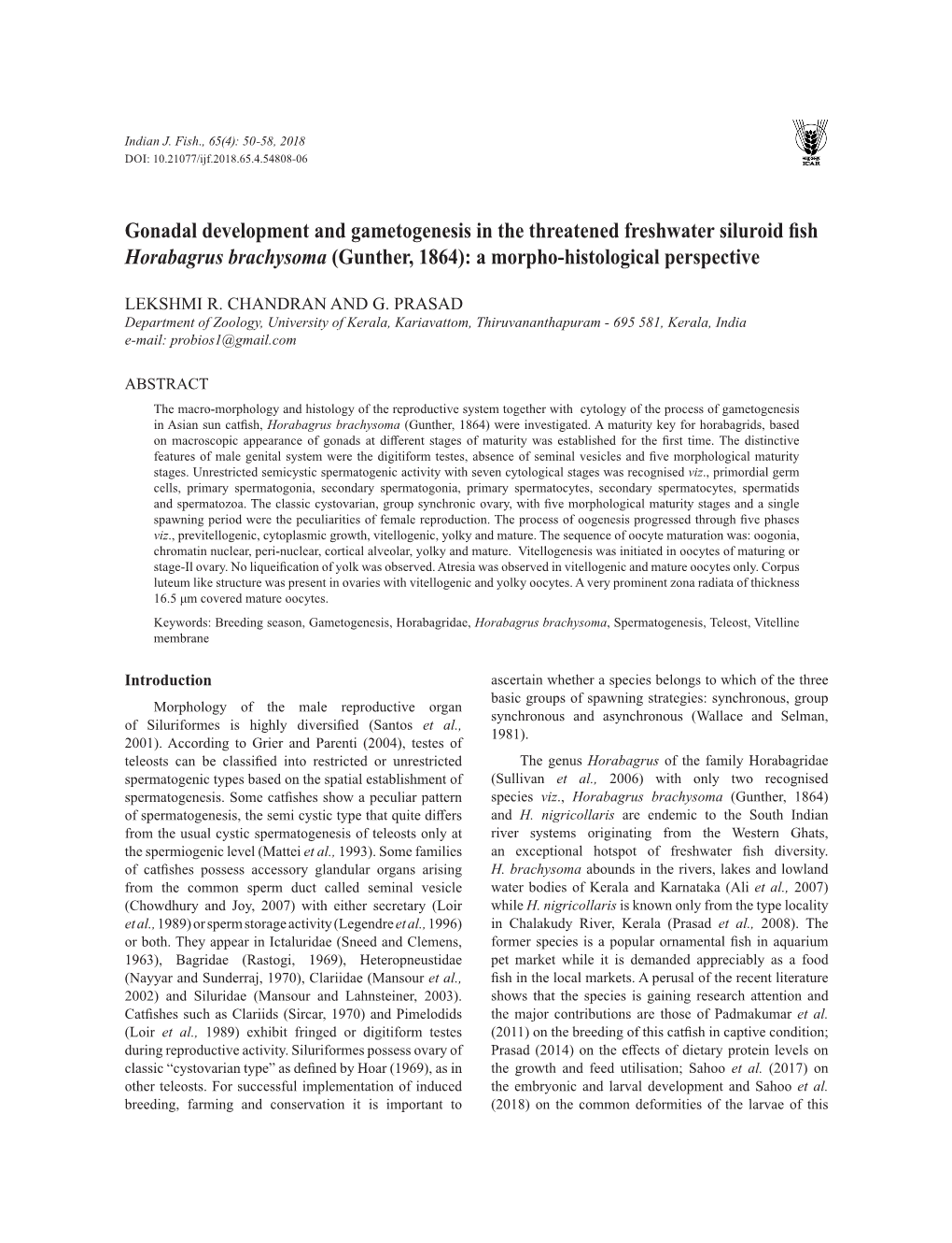 Gonadal Development and Gametogenesis in the Threatened Freshwater Siluroid Fish Horabagrus Brachysoma (Gunther, 1864): a Morpho-Histological Perspective