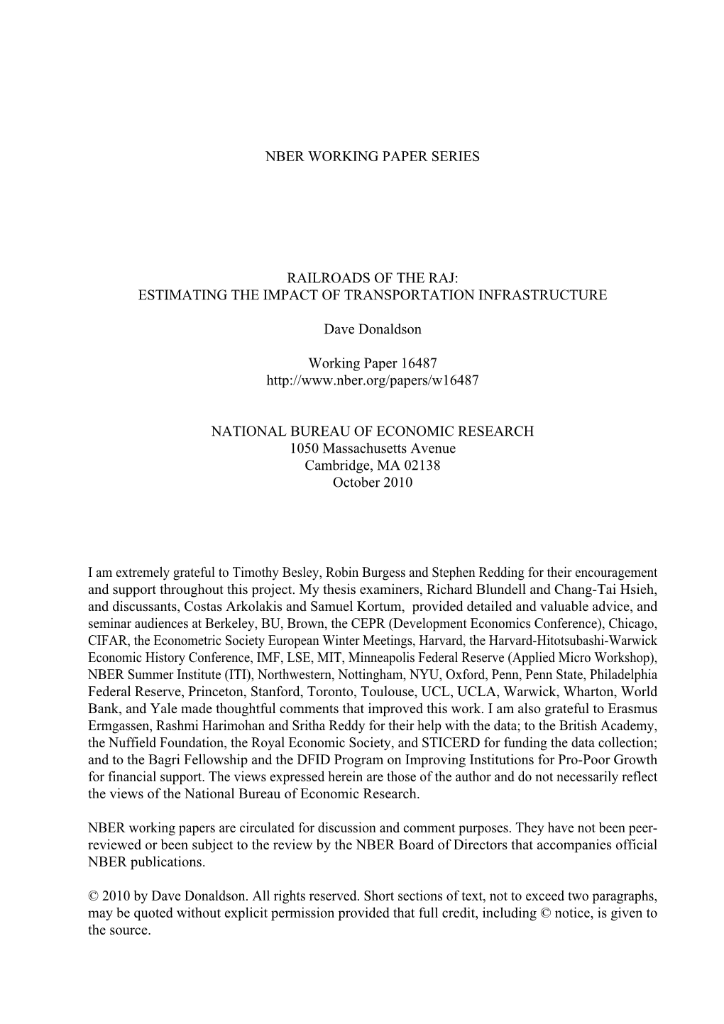 Nber Working Paper Series Railroads of The