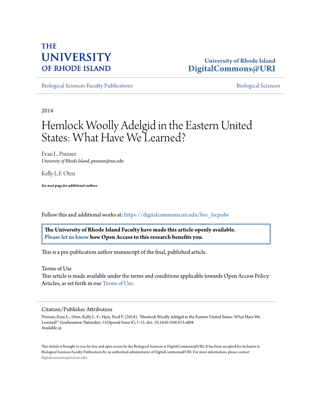 Hemlock Woolly Adelgid in the Eastern United States: What Have We Learned? Evan L