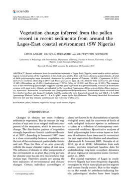 Vegetation Change Inferred from the Pollen Record in Recent Sediments from Around the Lagos-East Coastal Environment (SW Nigeria)