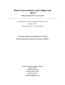 Robert Garrett Diaries and Calling Card MS.17 Finding Aid Prepared by Anna J