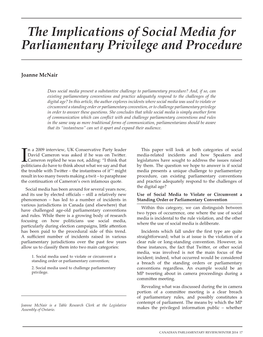 The Implications of Social Media for Parliamentary Privilege and Procedure