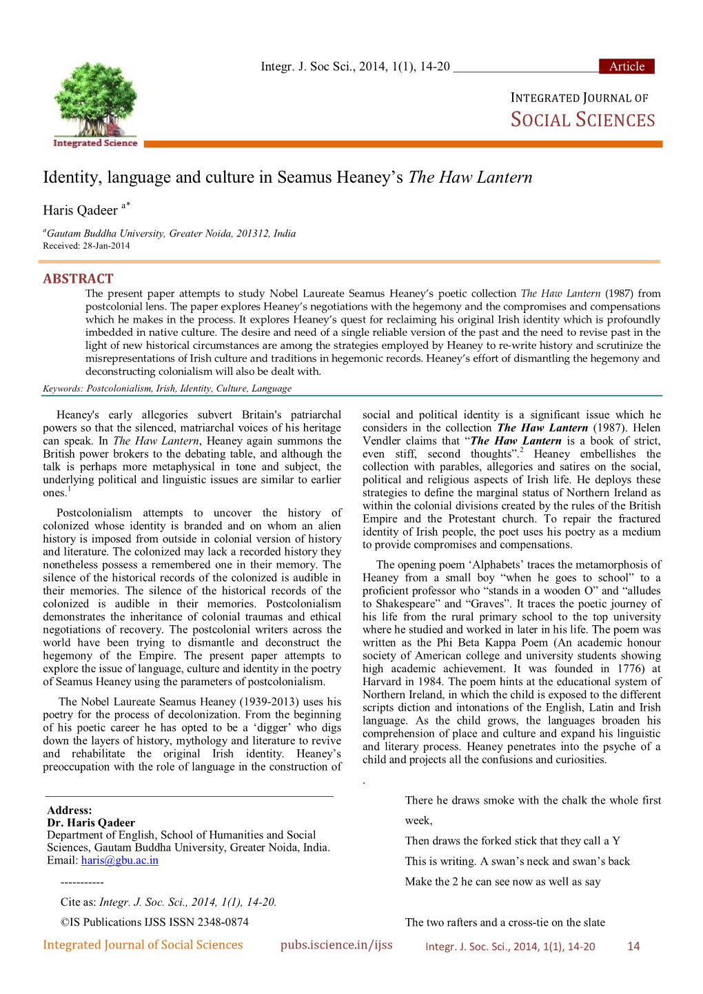 SOCIAL SCIENCES Identity, Language and Culture in Seamus Heaney's