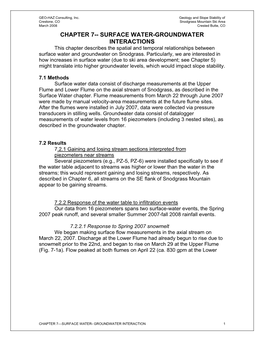 CHAPTER 7-- SURFACE WATER-GROUNDWATER INTERACTIONS This Chapter Describes the Spatial and Temporal Relationships Between Surface Water and Groundwater on Snodgrass