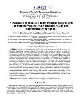 Ferula Assa-Foetida As a Main Medical Plant in East of Iran (Harvesting, Main Characteristics and Economical Importance)