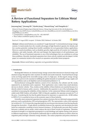 A Review of Functional Separators for Lithium Metal Battery Applications