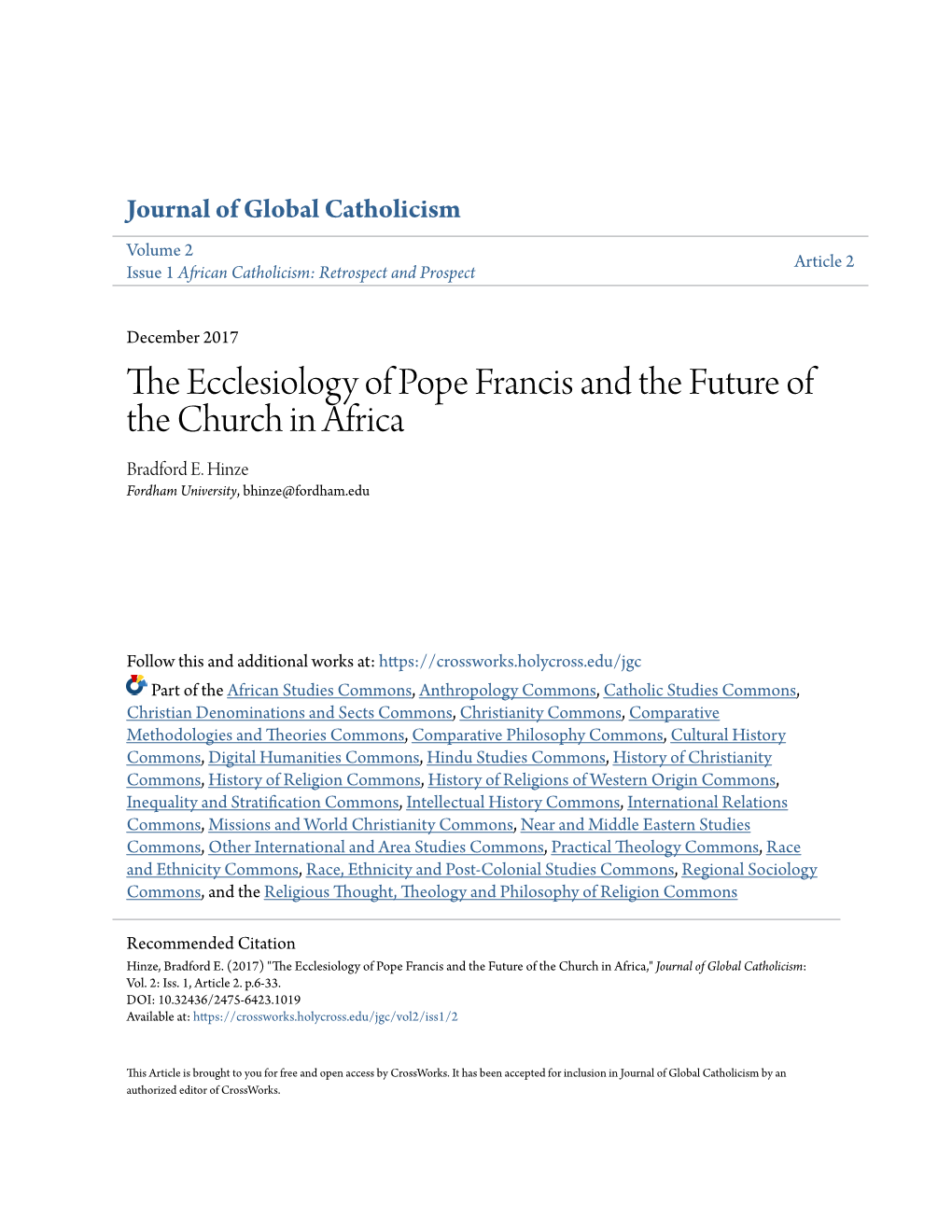 The Ecclesiology of Pope Francis and the Future of the Church in Africa