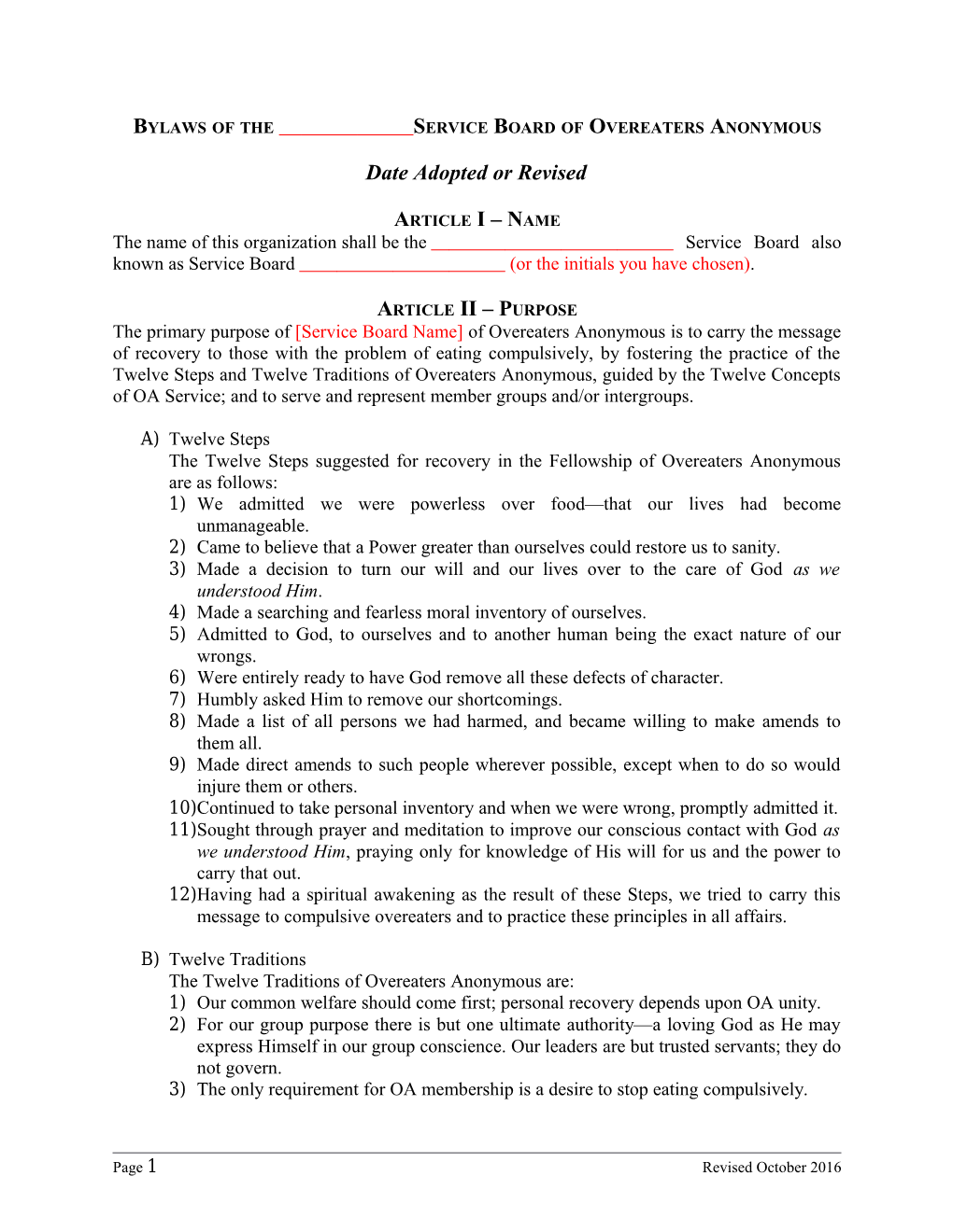 Bylaws of the Service Board of Overeaters Anonymous