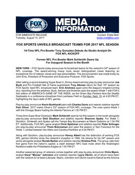 Fox Sports Unveils Broadcast Teams for 2017 Nfl Season