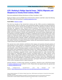 CFP: Mashriq & Mahjar Special Issue, "MENA Migrants and Diasporas In