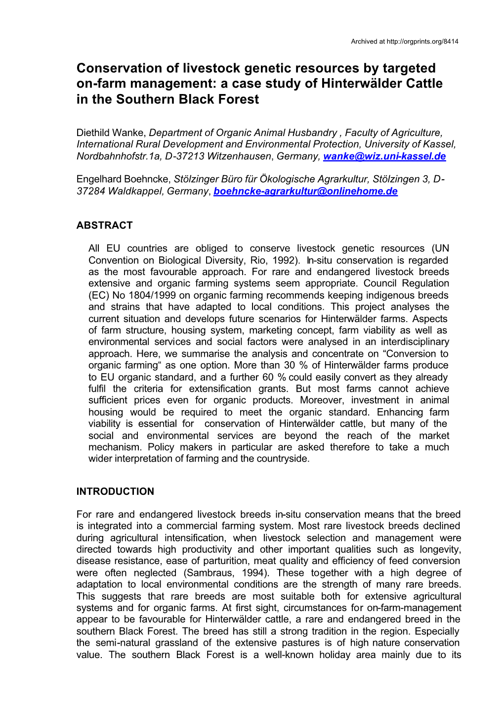 A Case Study of Hinterwälder Cattle in the Southern Black Forest