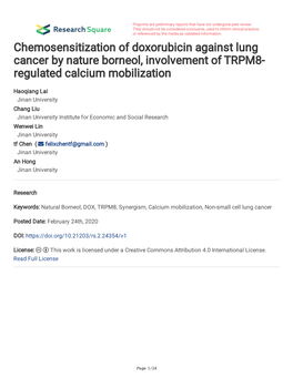 Chemosensitization of Doxorubicin Against Lung Cancer by Nature Borneol, Involvement of TRPM8- Regulated Calcium Mobilization