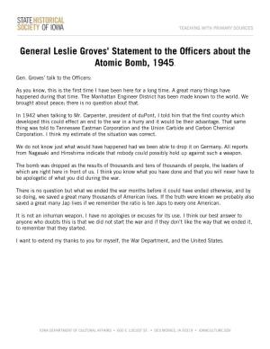 Transcript of General Leslie Groves' Statement to the Officers About The