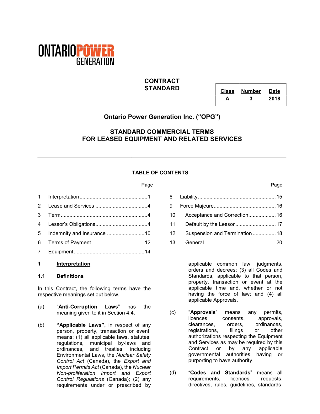 CONTRACT STANDARD Ontario Power Generation Inc. (“OPG”)