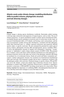 Atlantic Corals Under Climate Change: Modelling Distribution Shifts to Predict Richness, Phylogenetic Structure and Trait‑Diversity Changes