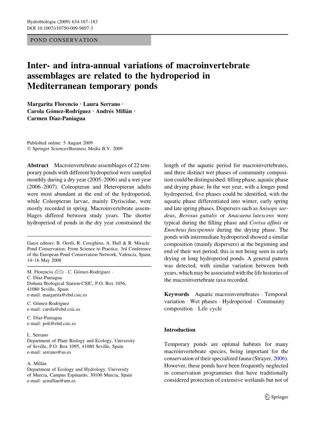 Inter- and Intra-Annual Variations of Macroinvertebrate Assemblages Are Related to the Hydroperiod in Mediterranean Temporary Ponds