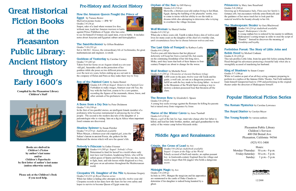 Great Historical Fiction Books at the Pleasanton Public Library: Ancient History Through Early 1600'S