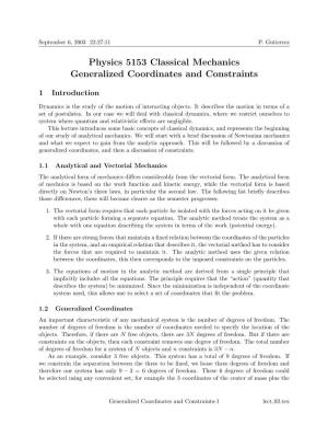 Physics 5153 Classical Mechanics Generalized Coordinates and Constraints
