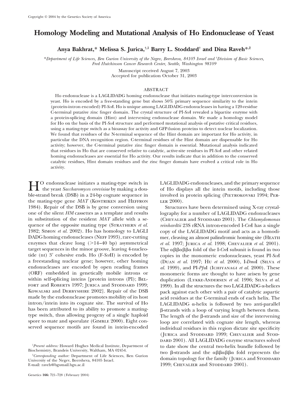 Homology Modeling and Mutational Analysis of Ho Endonuclease of Yeast