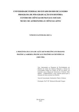 A Moléstia Da Cana De Açúcar No Recôncavo Baiano: Política, Saberes, Práticas E Polêmicas Científicas (1865-1904)