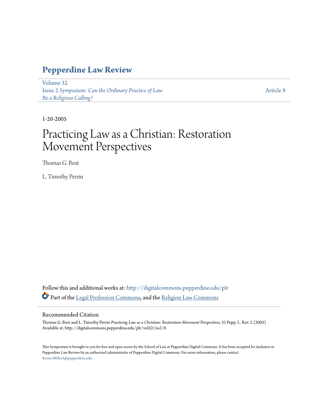 Practicing Law As a Christian: Restoration Movement Perspectives Thomas G