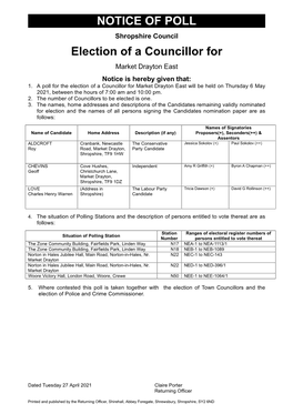 NOTICE of POLL Election of a Councillor