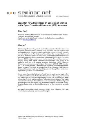 Education for All Revisited: on Concepts of Sharing in the Open Educational Resources (OER) Movement