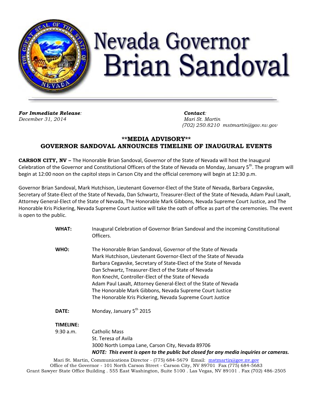 Media Advisory** Governor Sandoval Announces Timeline of Inaugural Events