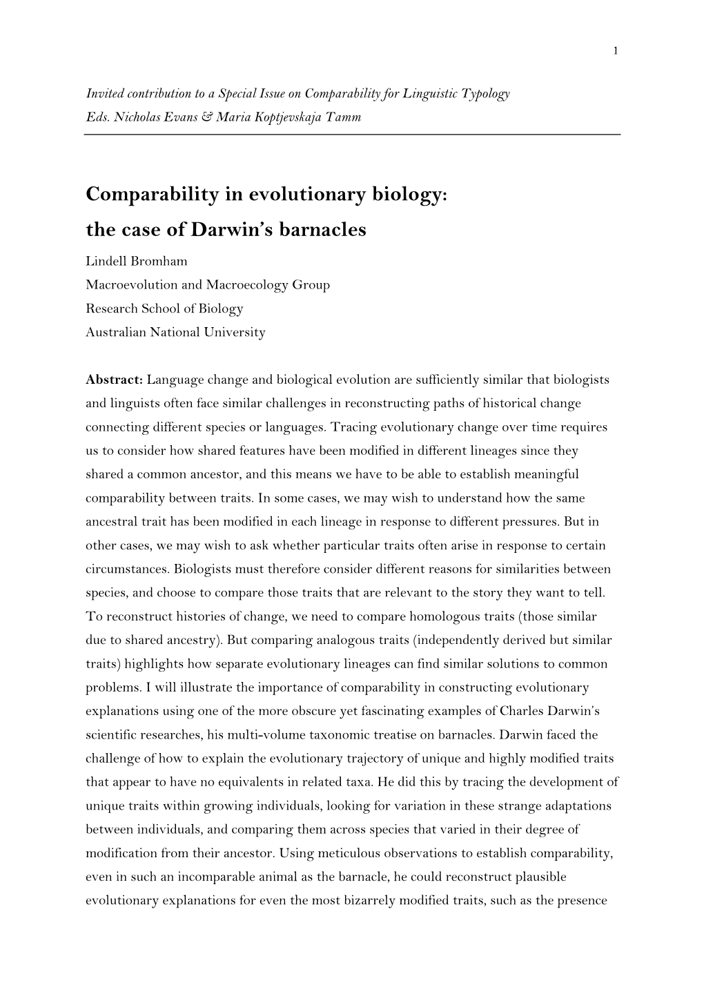 Comparability in Evolutionary Biology: the Case of Darwin's Barnacles