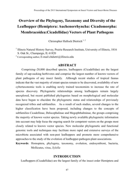 Overview of the Phylogeny, Taxonomy and Diversity of the Leafhopper (Hemiptera: Auchenorrhyncha: Cicadomorpha: Membracoidea:Cicadellidae) Vectors of Plant Pathogens