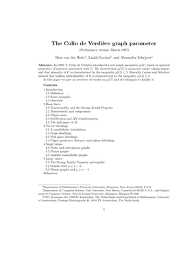 The Colin De Verdi`Ere Graph Parameter (Preliminary Version, March 1997)