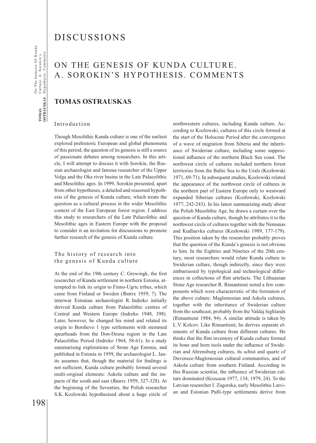 Ostrauskas on the Genesis of Kunda Culture. A.Sorokin's Hypothesis