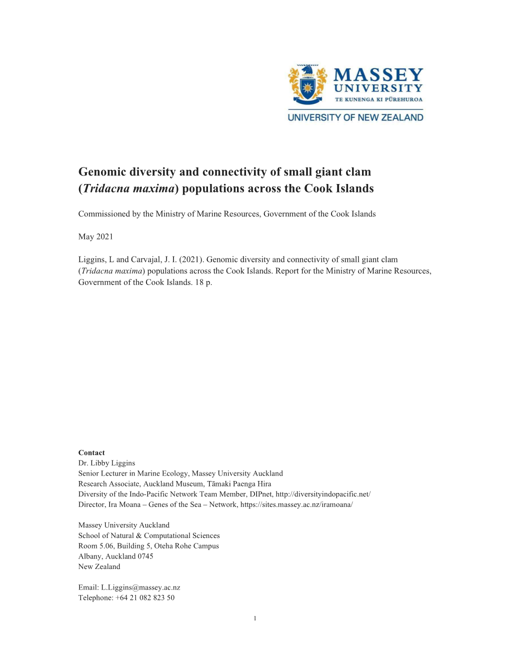 Genomic Diversity and Connectivity of Small Giant Clam (Tridacna Maxima) Populations Across the Cook Islands