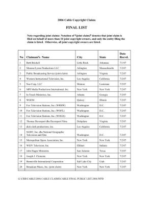 2006 Cable Copyright Claims Final List