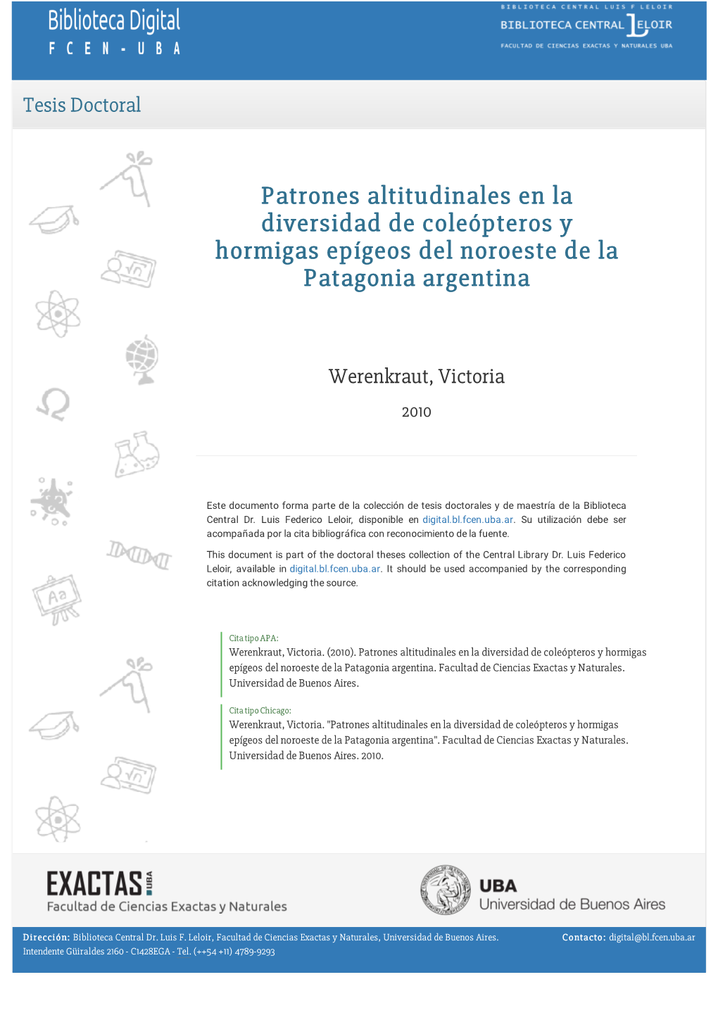 Werenkraut, Victoria. 2010 "Patrones Altitudinales En La Diversidad De Coleópteros Y Hormi