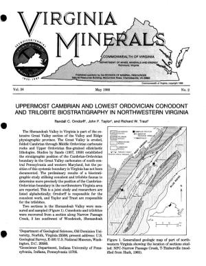 Uppermost Cambrian and Lowest Ordovician Cowodont and Trilobite Biostratigraphy in Northwestern Virginia