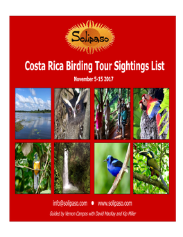 Costa Rica Sightings List 2017