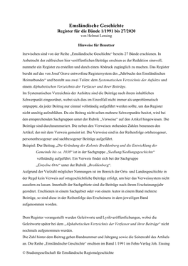 Emsländische Geschichte Register Für Die Bände 1/1991 Bis 27/2020 Von Helmut Lensing