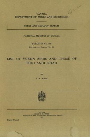 List of Yukon Birds and Those of the Canol Road