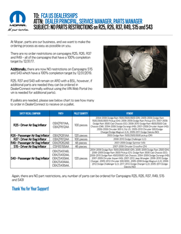 NO PARTS RESTRICTIONS on R25, R26, R37, R49, S15 and S43