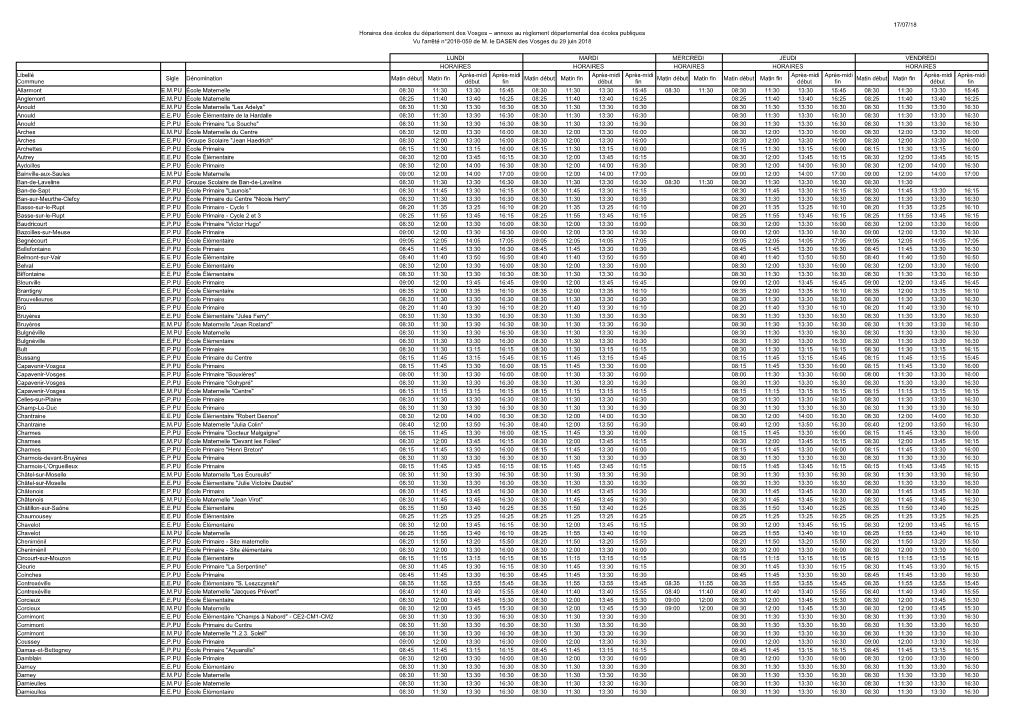 17/07/18 Horaires Des Écoles Du Département Des Vosges – Annexe Au Règlement Départemental Des Écoles Publiques Vu L'arrêté N°2018-059 De M