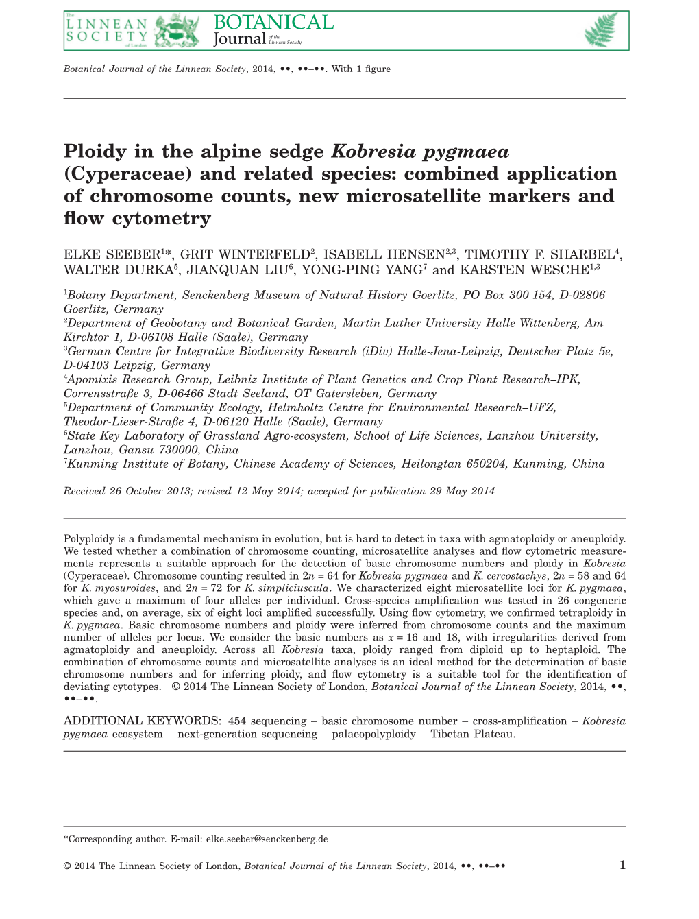 Ploidy in the Alpine Sedge Kobresia Pygmaea (Cyperaceae) and Related Species: Combined Application of Chromosome Counts, New Microsatellite Markers and ﬂow Cytometry