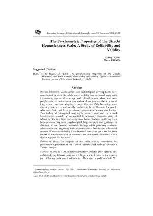 The Psychometric Properties of the Utrecht Homesickness Scale: a Study of Reliability and Validity