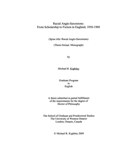 Racial Anglo-Saxonisms: from Scholarship to Fiction in England, 1850-1960