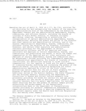 Act of Nov. 26, 1997,P.L. 530, No. 57 Cl. 71 - ADMINISTRATIVE CO