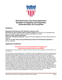 2015 All-America City Award Application Spotlight on Engaging and Supporting Vulnerable Boys and Young Men