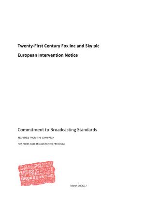 Twenty-First Century Fox Inc and Sky Plc European Intervention Notice