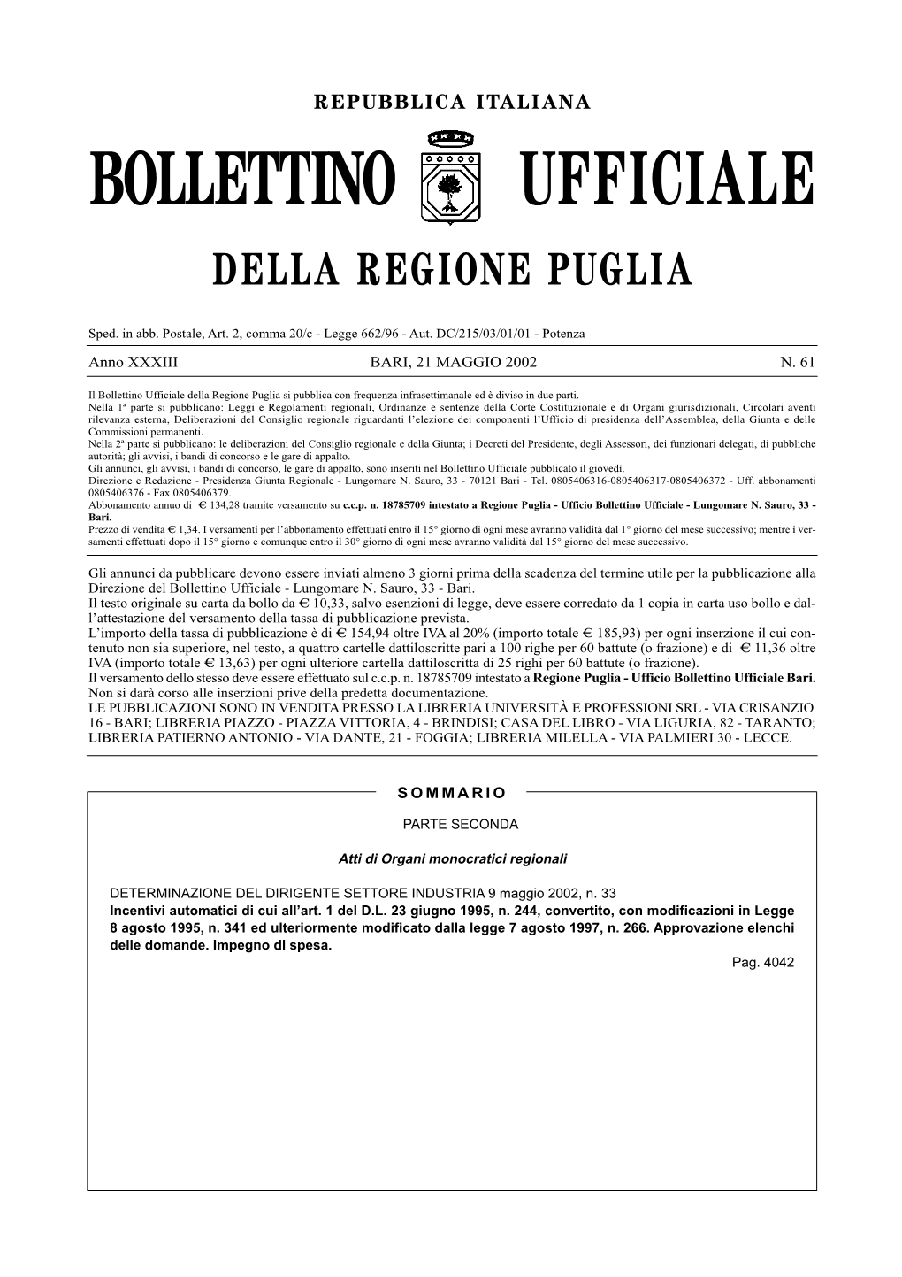 Bollettino Ufficiale Della Regione Puglia