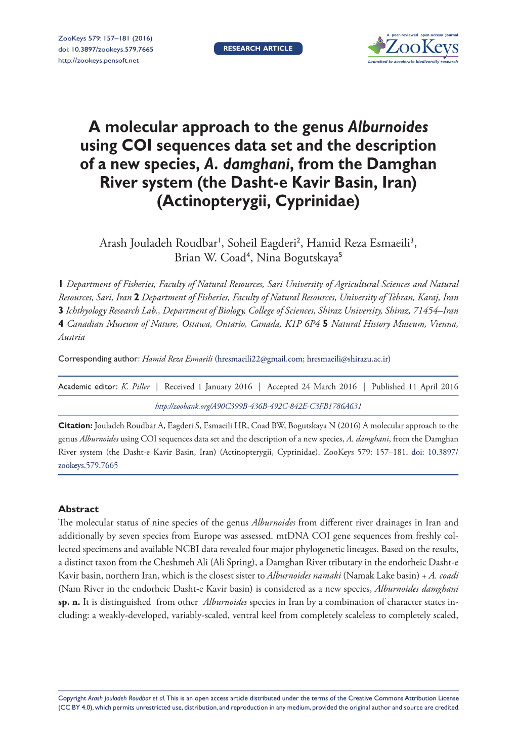 A Molecular Approach to the Genus Alburnoides Using COI Sequences Data Set and the Description of a New Species, A. Damghani