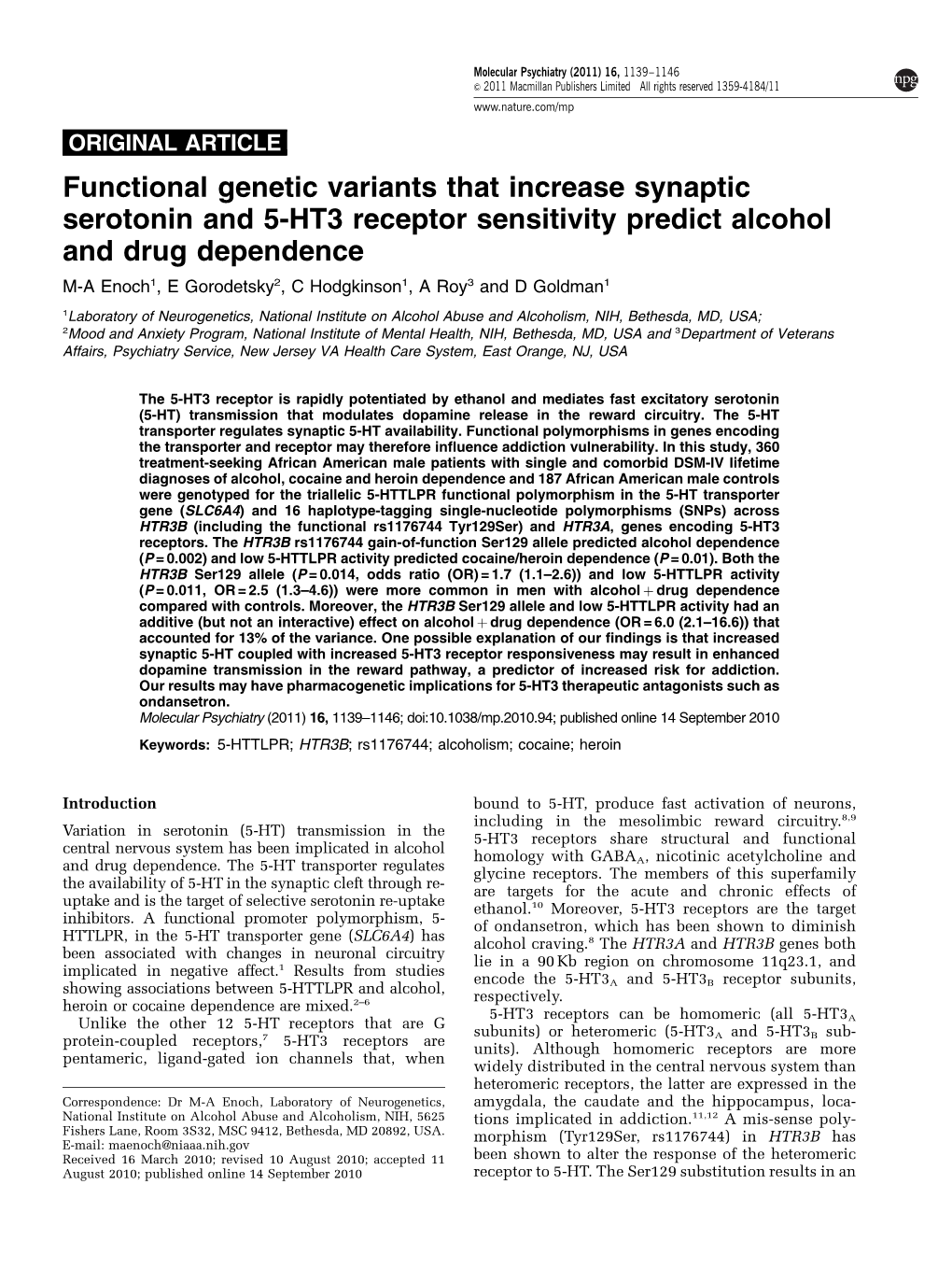 Functional Genetic Variants That Increase Synaptic Serotonin and 5